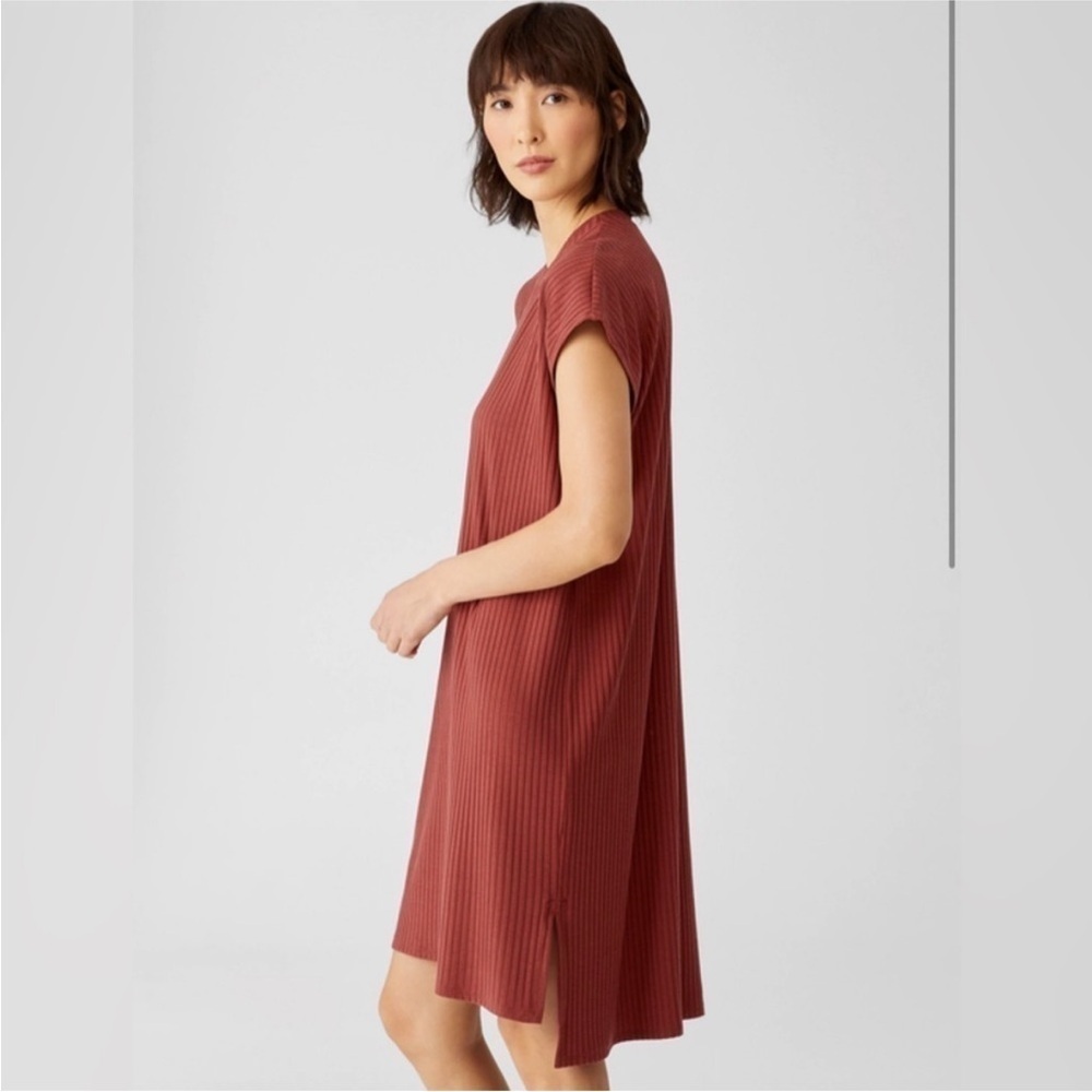 Eileen Fisher Textured Stretch Rib Round Neck Dress Boxy Terracotta Knee Length